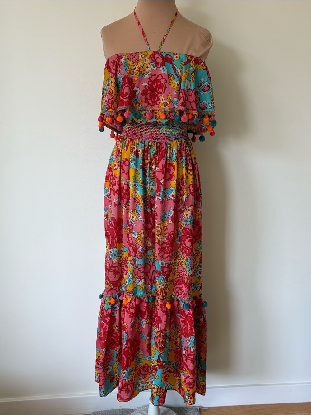 Calypso St. Barth 100% Silk Multicolor Floral Pom Pom Tiered Maxi Dress EUC Sz S